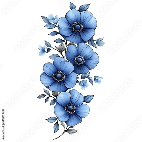 Delicate bouquet of vibrant blue flowers.  Detailed floral design with soft shading and elegant lines