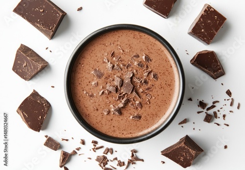 Dark chocolate smoothie in a small bowl, surrounded by chocolate pieces