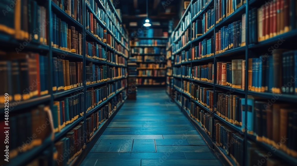 Deep blue lit library aisle with bookshelves full of books. Deep blue lit library aisle with bookshelves full of books.