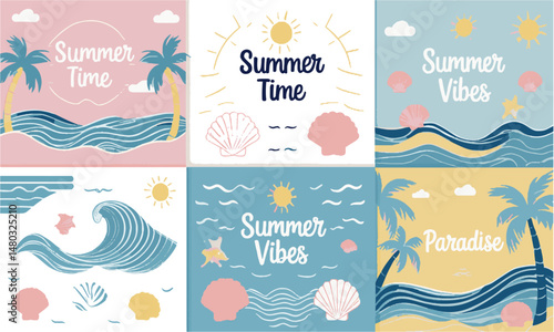 Design a set of minimalist summer-themed vector posters, easily scalable and editable.