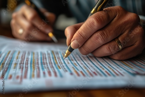 Wallpaper Mural Close-up of hands reviewing and annotating colorful documents on a wooden table Torontodigital.ca