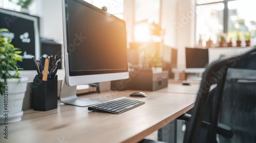 Wallpaper Mural Modern Office Workspace with Computer and Natural Lighting Effect Torontodigital.ca