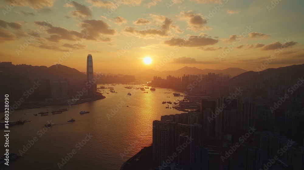 Naklejka premium Golden Hour Glow Over Bustling Urban Coastline in Hong Kong, China