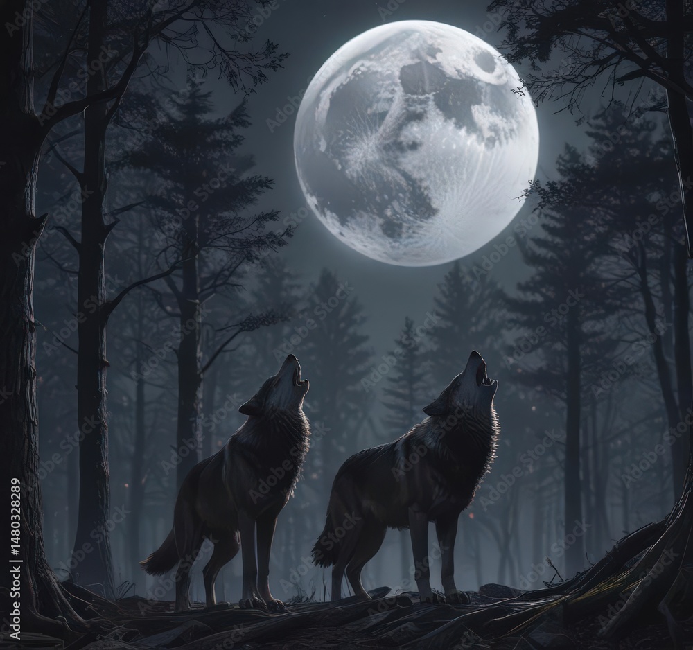 Fototapeta premium Full moon illuminates a wolf's mournful howl echoing through the silent forest , night scene, night, predator
