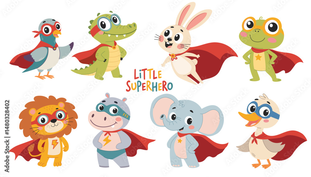 Naklejka premium Superhero animals set. Cute cartoon characters. Children's illustration on white background