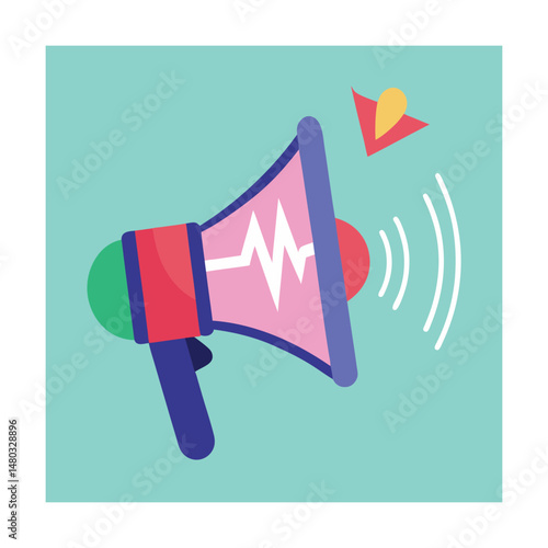 Colorful cartoon loudspeaker icon announcing news and promotions with abstract sound waves