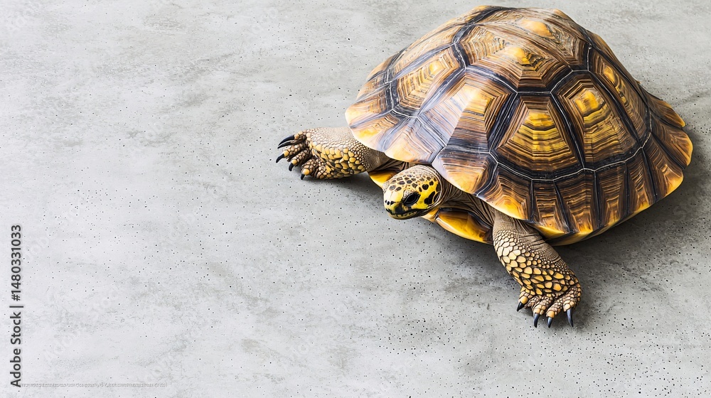 Obraz premium view of Sulcata tortoise walking slowly across polished concrete floor in a stylish modern loft with plenty of copy space sulcata tortoise, reptile movement, polished floor, slow pet, modern 