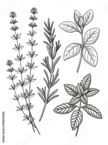 Set of simple black line art herbs like rosemary, thyme, and basil, on white background, minimal hand-drawn botanical style, isolated vector elements, flat design.