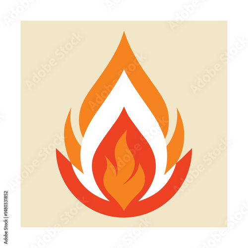 Stylized flame illustration with warm orange and red hues on a cream colored background