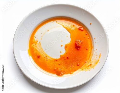 Round white ceramic plate, one half covered with orange food stains and sauce remnants isolated on white