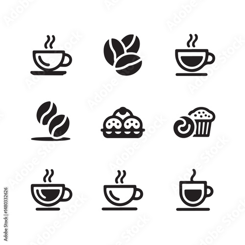 Coffee Shop and Café Icons Vector Set – Black Silhouettes of Cups, Beans, and Pastries
