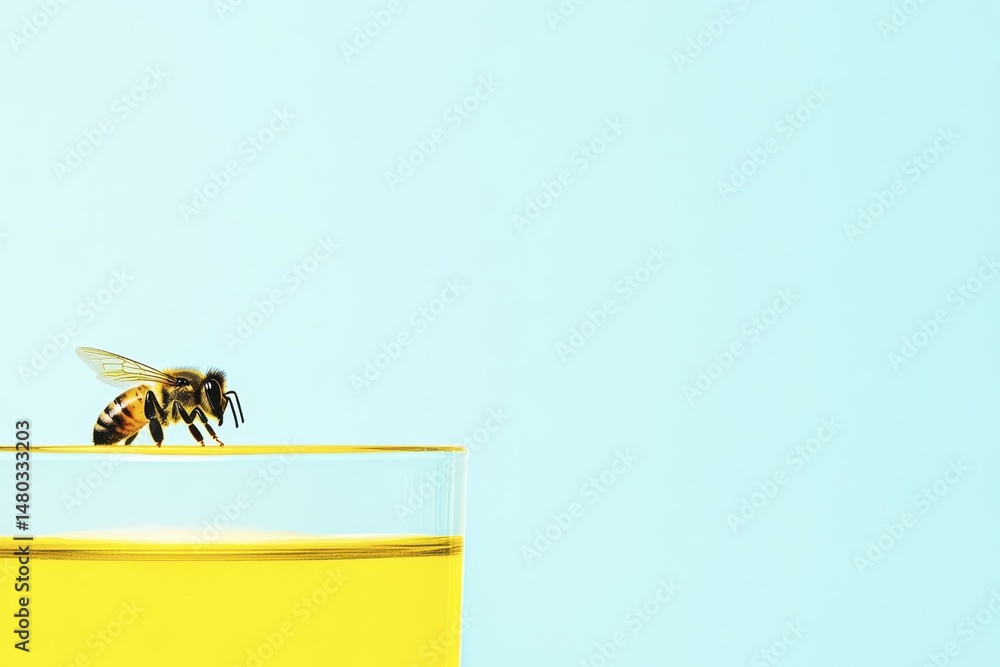 Naklejka premium Bee resting on glass of honey against light blue background