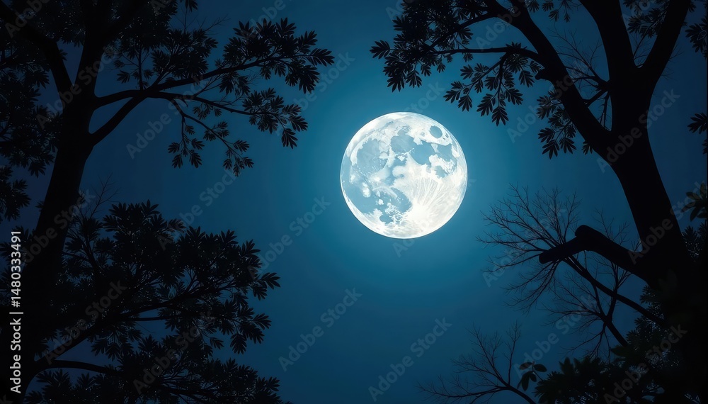 custom made wallpaper toronto digitalThe full moon shines bright through a gap in trees, tree branches, moonlit scene