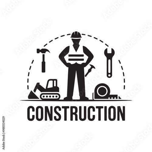 Construction Icon Pack Vector – Black Silhouettes of Tools, Helmets, and Vehicles
