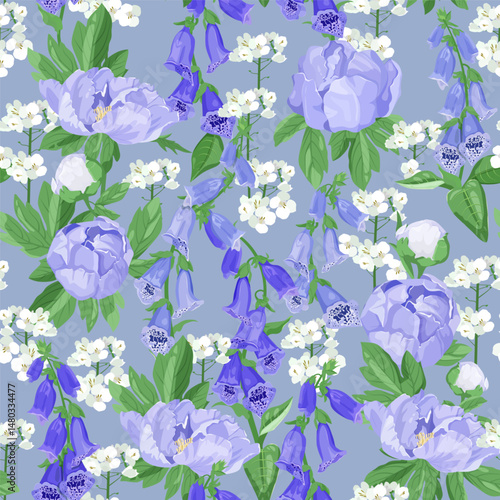 Seamless vector illustration with digitalis and peonies on a blue background. For decorating textiles, packaging