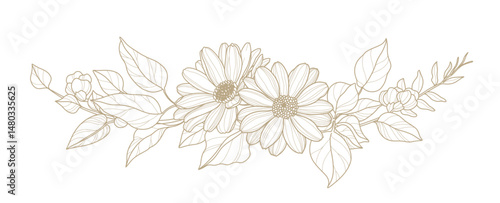 Hand drawn floral frame in line art style. Elegant composition of flowers, stems and leaves. Trendy botanical elements. Vector illustration 
