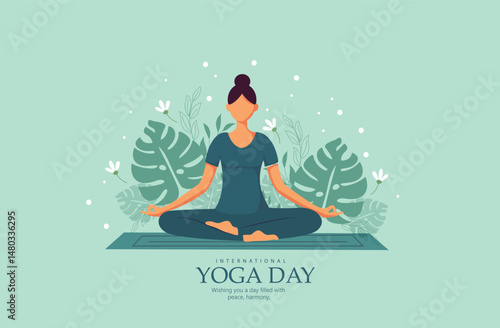  illustration of a woman meditating peacefully outdoors, celebrating International Yoga Day on June 21.