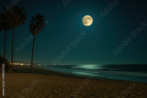 Fototapeta Naklejka Na Ścianę i Meble -  Serene night scene Full moon over ocean, palm trees on sandy beach