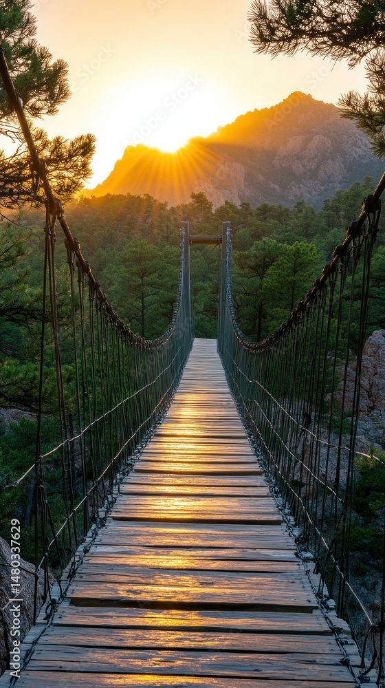 Obraz premium Wooden suspension bridge at sunrise
