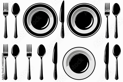 Fork, knife, spoon and plate set icons	