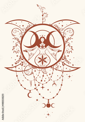The pregnant goddess, magical triple moon, priestess. Flower of life symbol. Gothic Witch wiccan woman sacred design, moon phases. Mystical Hekate, mythology Vector isolated, boho style background