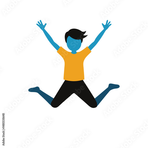 Joyful illustrated figure with arms raised jumping high in excitement and celebration