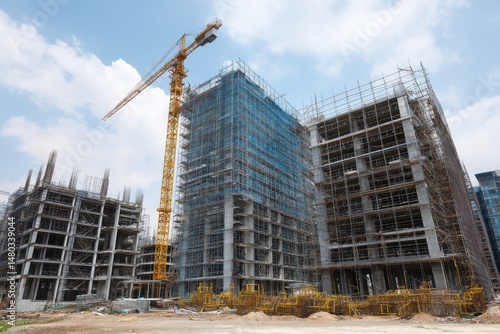 Construction site with crane and buildings under construction low angle view in urban area daytime