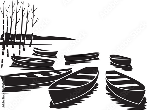Tranquil Lake with Rowing Boats Vector Silhouette Scene