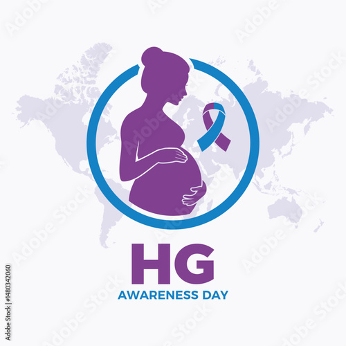 HG Hyperemesis Gravidarum Awareness Day poster vector illustration. Pregnant woman and purple blue awareness ribbon icon. Expectant mother drawing. Template for background, banner, card. Important day