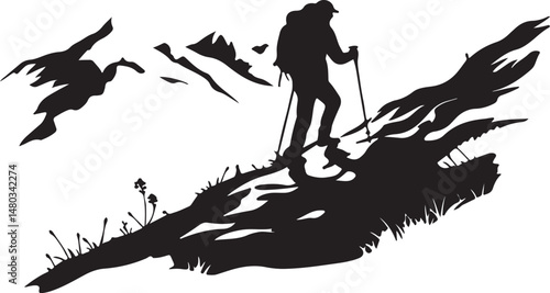 Mountain Trekking Silhouette with Bird in Flight