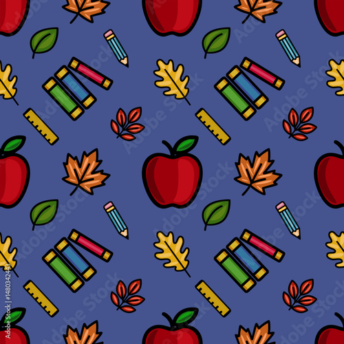 Vibrant vector seamless pattern featuring autumn leaves, red apples, pencils, books, and rulers on a deep blue background, ideal for back-to-school designs.