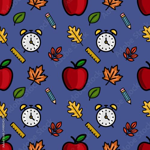 A vibrant vector seamless pattern featuring red apples, autumn leaves, pencils, rulers, and alarm clocks on a deep blue background, ideal for back-to-school or fall-themed designs.