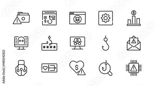 Fraud and scams line icon set. Cyber crime, web, virus, fraud, malware bug, scams, criminal, phone, server, folder, file, phishing, and cyber security outline vector icon. UI thin outline icon pack