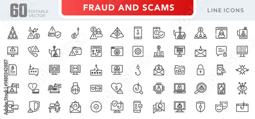 Fraud and scams line icon set. Cyber crime, web, virus, fraud, malware bug, scams, criminal, phone, server, folder, file, phishing, and cyber security outline vector icon. UI thin outline icon pack