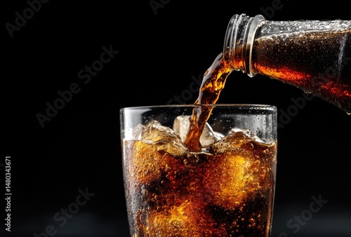 Wallpaper Mural Cola pouring from glass bottle into icy glass in dramatic lighting, bubbles visible. Ideal for soda product ads, digital food campaigns, and retail promotions Torontodigital.ca