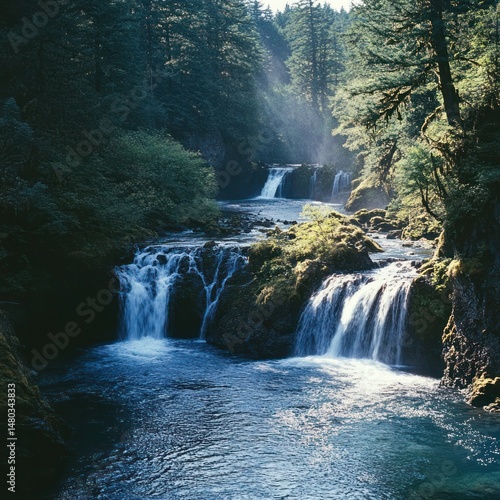 A beautiful Oregon wilderness with diverse terrain, including waterfalls and dense woods. 