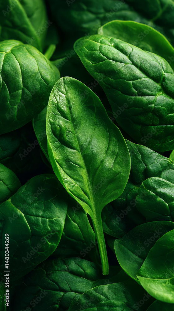 Obraz premium Fresh green spinach leaves closeup showing natural texture and vibrant healthy color