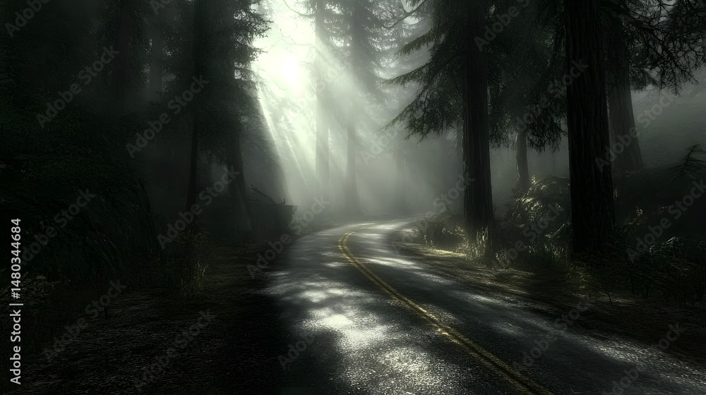 Obraz premium Serene winding road through a misty forest, sunlight filtering through tall trees, creating a tranquil and mystical atmosphere