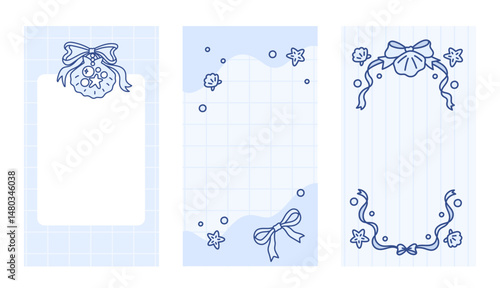Trendy stories templates for social media. Set of marine vertical frames with coquette pretty charming bows, seashells, pearls, sea stars. Checkered and striped background. Summer beach vibe