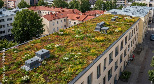 A high-angle view of a modern building with a vibrant green roof garden