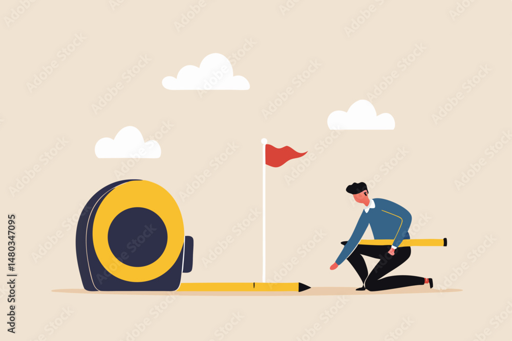 ABusiness success measurement, how far from business goal and achievement or growth metric analysis concept, smart businessman using measuring tape to measure and analyze distance from target flag.