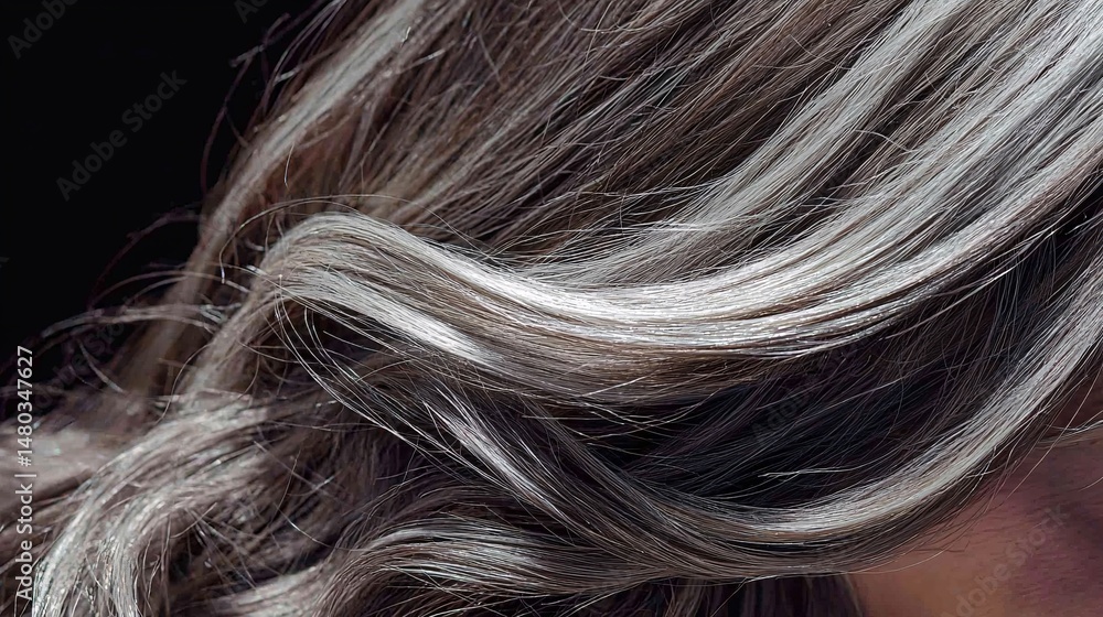Naklejka premium of gray strands mixed with brown hair under natural light, highlighting texture and contrast in color close-up hair, gray strands, natural hair color, aging texture, color contrast, beauty detail, 