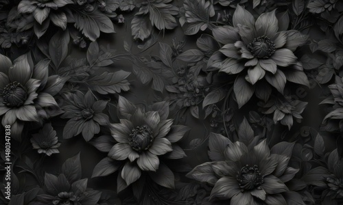Intricate charcoal floral wallpaper, abstract botanical design  , damask, deco, plant