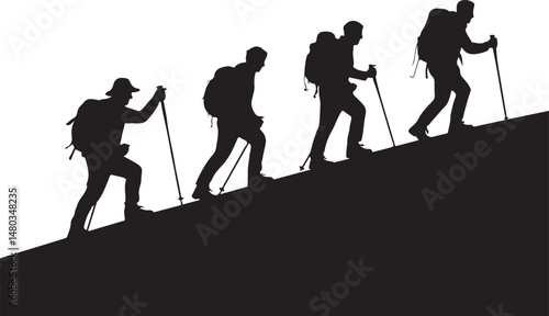 Silhouetted Hikers Ascending a Mountain Slope Adventure and Determination
