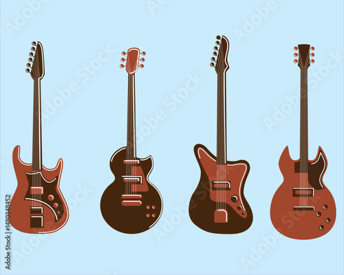 Guitar set. Acoustic & electric guitars on white background. Vector monochrome illustration. Musical Instruments.