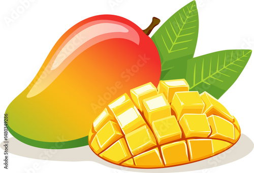 Bright and juicy cartoon mango with a cut half and cube pieces, tropical leaves included, styled in a playful and modern flat design with clean white background.