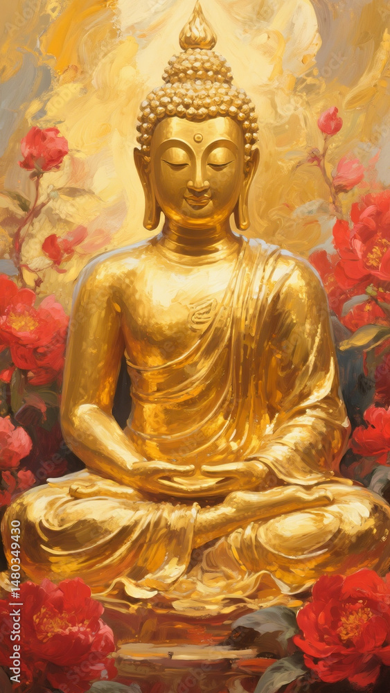 Fototapeta premium A serene oil painting background of the Buddha, radiating timeless peace and spiritual calm.