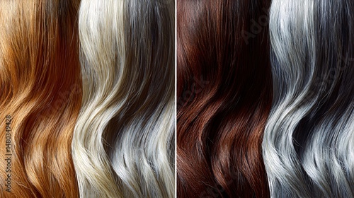 side-by-side comparison of hair before and after color correction, showing brassy tones transformed into cool silver. The swatches demonstrate professional treatment. hair color correction, 