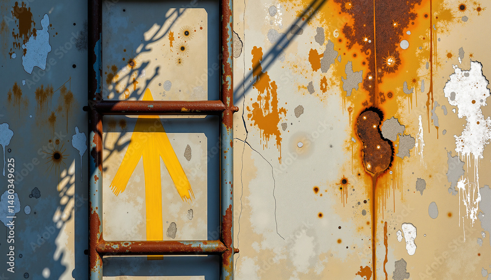Naklejka premium grungy concrete wall with a rusty ladder and arrow symbol