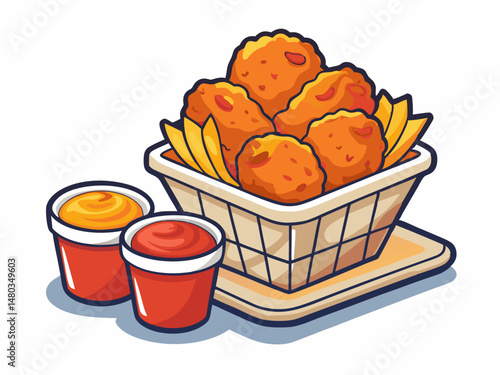 Fried chicken pieces stacked in a serving basket with dipping sauce. White background, fast food vector illustration